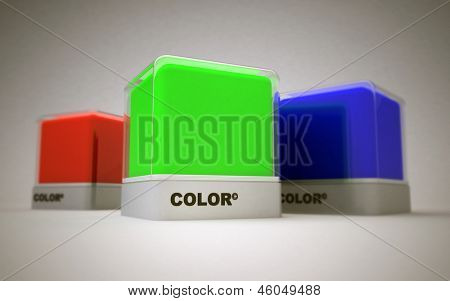 Blocks of RGB basic printing colors; red, green and blue