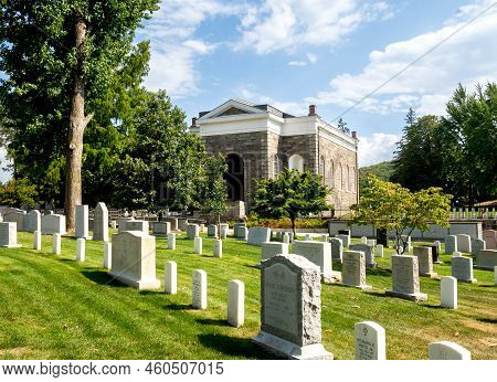 West Point, Ny - Usa - Aug 26, 2022: Landscape View Of Historic Old Cadet Chapel At The Academy's Ce