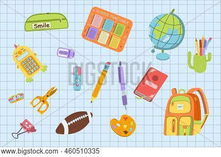 Back To School Background With Supplies. Colorful Vector Illustration