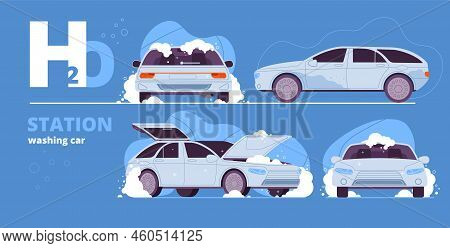Carwash Station. Fast Washing Car Interior, Foam Water Cleaning Open Hood Trunk Of Dirty Cars, Bubbl