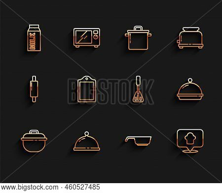Set Line Cooking Pot, Covered With Tray Of Food, Paper Package For Milk, Frying Pan, Chef Hat Locati