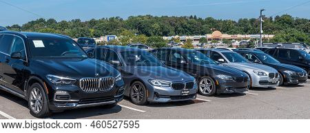 Monroeville, Pennsylvania, Usa August 28, 2022 Used Bmw Vehicles For Sale, Lined Up At A Dealership 