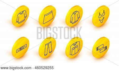 Set Line Winter Scarf, Shirt, Pants, Belt, Swimsuit, Hoodie, Skirt And Sweater Icon. Vector
