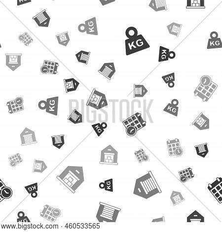 Set Weight, Warehouse, Cardboard Box With Calendar And On Seamless Pattern. Vector