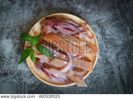 Pickled Squid On Plate, Raw Squid For Cooking Food On Dark Background, Preserving Food Seafood - Top