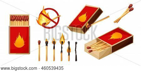 Burnt Match Stick With Fire And Matchbox. Set Of Boxes, Opened And Close Isplated On White Backgroun