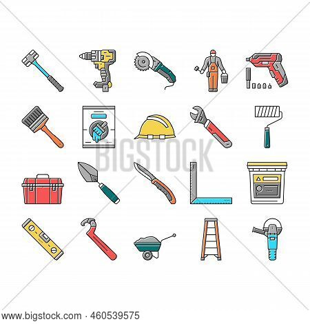 Building Tool Hammer Repair Drill Icons Set Vector. Home Saw, Construction Screwdriver, House Work, 