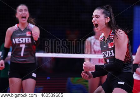 Ankara, Turkiye - June 04, 2022: Sahin Saliha And Baladin Hande In Bulgaria Vs Turkiye Vnl Pool Matc