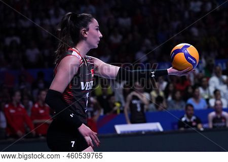 Ankara, Turkiye - June 04, 2022: Baladin Hande Serves During Bulgaria Vs Turkiye Vnl Pool Match In A
