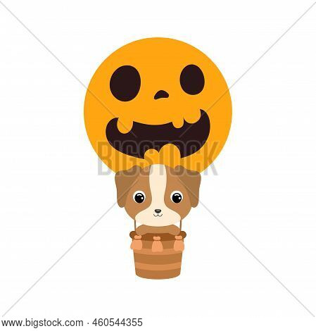 Cute Little Dog Flying On Halloween Hot Air Balloon. Cartoon Animal Character For Kids T-shirts, Nur