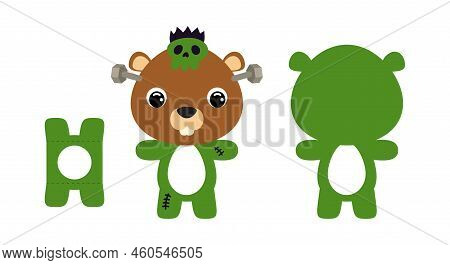 Cute Die Cut Halloween Beaver Chocolate Egg Holder Template. Cartoon Animal Character In A Monster C