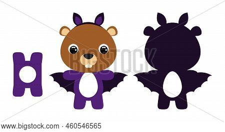 Cute Die Cut Halloween Beaver Chocolate Egg Holder Template. Cartoon Animal Character In A Bat Costu