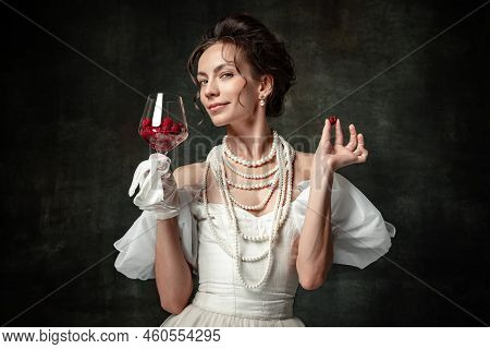 Portrait Of Young Charming Girl In Image Of Medieval Royal Person Or Viscountess Posing Isolated On 