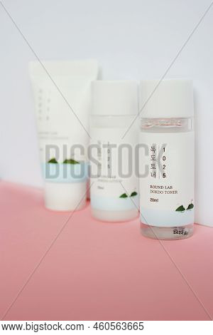 Kyiv, Ukraine - 19 August 2022: Set Of Three Korean Skin Care Products Round Lab Tonic, Lotion And C
