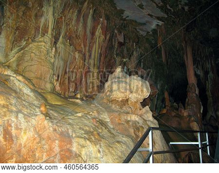 Petralona Cave, Creece- May 25, 2007: Ancient Karst Cave With Stalactites And Stalagmites, Cenote Ce