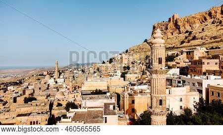 Aerial Drone View To The Streets Of The Ancient City Mardin, Mesopotamia, Turkey. Mardin Cityscape W