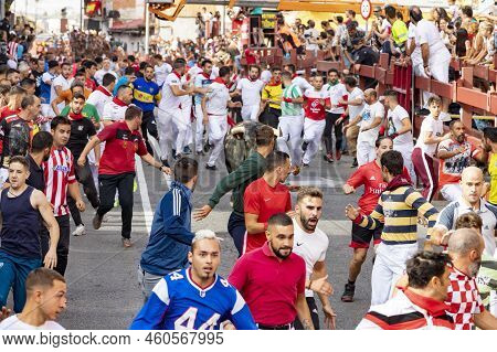 Running Of The Bulls. Bulls. Bull Runs. Encierro That Is Celebrated In The Town Of San Sebastian De 