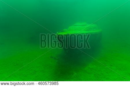 Gloomy Underwater Wreck Of Recreational Speed Boat