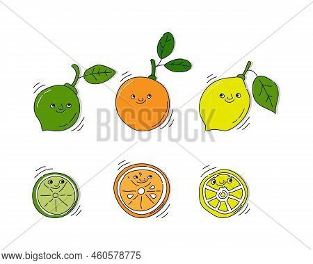 Lemon, Orange And Lime Fruit With Smile On White Background. Whole Citrus Fetus And Its Half. Cartoo