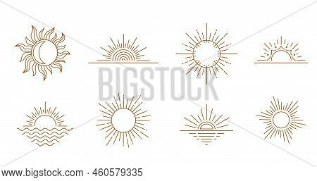 Sun Logo Design In Simple Modern Line Style. Boho Element Vector Set With Minimal Sunset, Sunrise, S