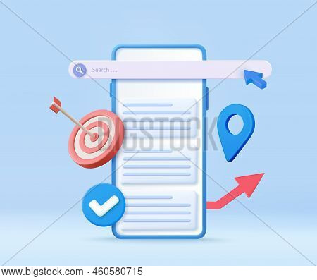 3d Search Engine On Smartphone Screen With A Target And Local Pin Location Icon. Seo Optimization Ma