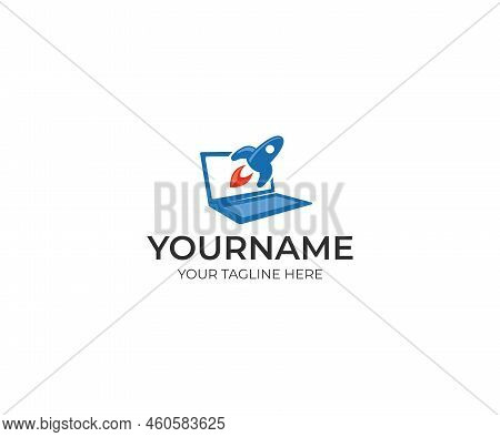 Rocket Crashes Out Of The Laptop Logo Design. Startup Idea Vector Design. Abstract Business Illustra
