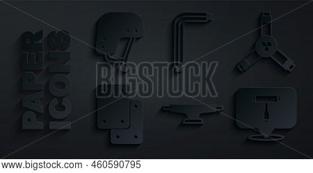 Set Skateboard Wheel, Y-tool, Knee Pads, T, Tool Allen Keys And Helmet Icon. Vector