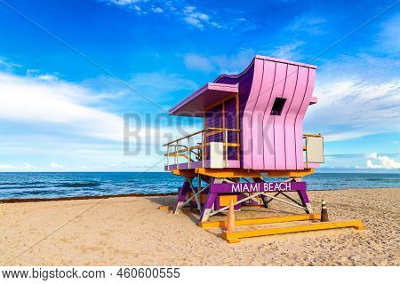 Lifeguard Tower In Miami Beach, South Beach In A Sunny Day, Florida
