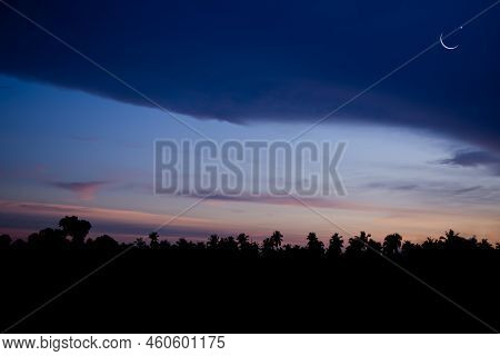 Ramadan, Eid Ai-fitr,new Year Muharram Islamic Religion Symbols With Crescent Moon And Star Silhouet