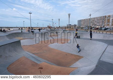Calais, France - 19 June 2022: Calais Skatepark Is One Of The Largest Outdoor Skateparks In France