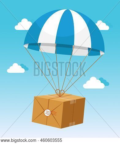 Blue And White Parachute Holding Delivery Cardboard Box On Light Blue Sky Background With Clouds