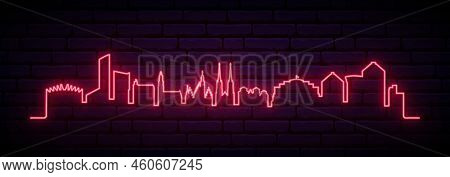 Red Neon Skyline Of Wroclaw. Bright Wroclaw City Long Banner. Vector Illustration.