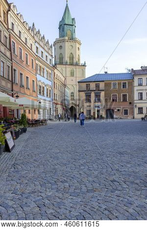 Lublin, Poland - May 23, 2022: Trinitarian Tower, View From The Main Square. The Tower Has Two Facad