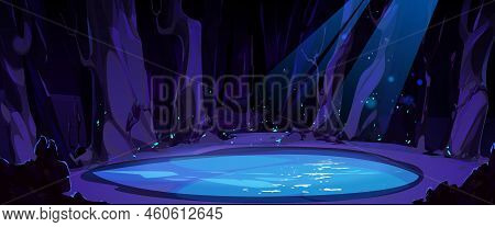 Night Forest Landscape With Clear Pond, Trees And Glowworms Under Moon Light Beams. Cartoon Fantasy 