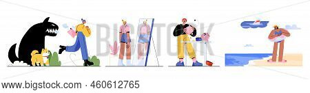 Characters With Phobias, Man With Cynophobia Run Away From Little Dog, Slim Woman See Fat Reflection
