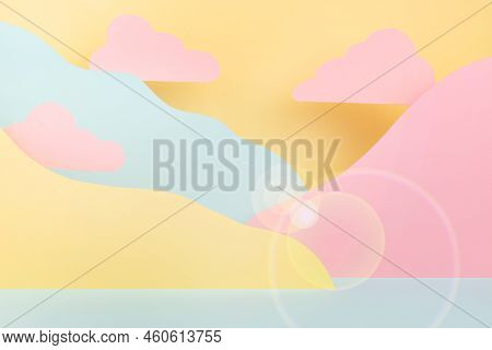 Abstract Stage Mockup With Paper Landscape - Pink Clouds, Sun Blinks, Mountains Yellow, Mint Color I