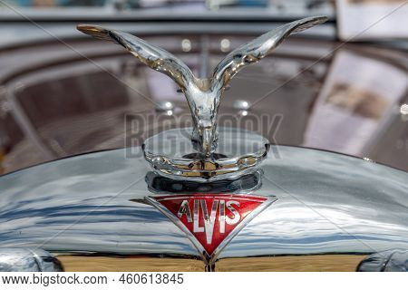 West Bay.dorset.united Kingdom.june 12th 2022.close Up Of The Alvis Logo And Emblem On The Front Of 