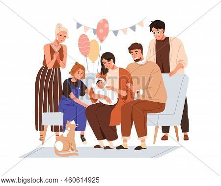 Family Welcoming, Greeting Newborn At Baby Shower Party. Happy Relatives, Friends Meeting Parent Wit