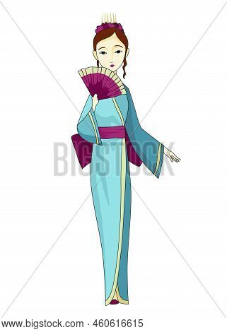 Japanese Girl Standing In Kimono. Women In Traditional Style Costume. Full Length Portrait Of Typica