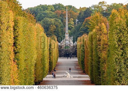 Vienna, Austria - October 2021: Obelisk And Grotto In Schonbrunn Park In Autumn