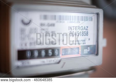 Riga, Latvia - August 30, 2022: Analog Screen Of Household Natural Gas Meter. Selective Focus