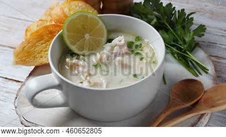 Avgolemono - Traditional Greek Chicken Soup With Rice, Lemon And Eggs