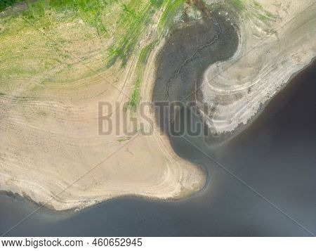Aerial Drone View Of Lindley Wood Reservoir, North Yorkshire, Showing The Dry Reservoir Basin Follow
