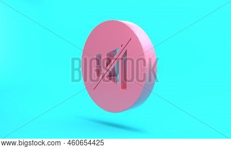 Pink Mute Microphone Icon Isolated On Turquoise Blue Background. Microphone Audio Muted. Minimalism 