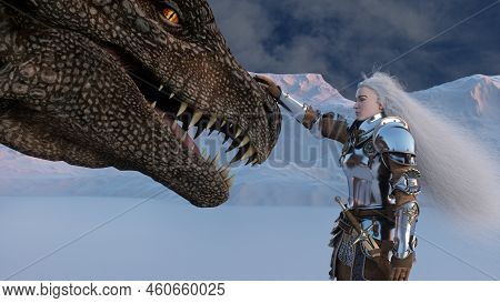 White Haired Female Warrior Knight Petting The Dragon Against The Backdrop Of Snow Capped Mountains.