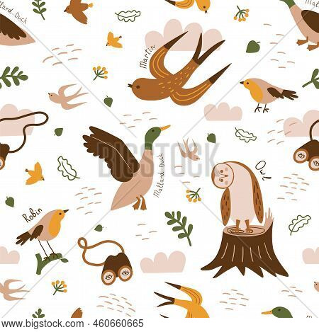 Birdwatching Seamless Pattern. Birding Print. Birds Flying In Nature Background. Duck, Robin, Owl, M