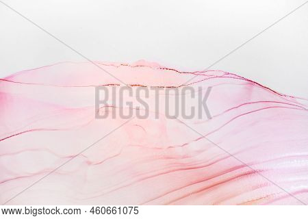 Aabstract Fluid Art Painting In Alcohol Ink Technique, Mixture Blue, Red And Gold Paints. Frozen Pai