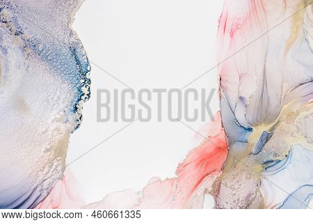Aabstract Fluid Art Painting In Alcohol Ink Technique, Mixture Blue, Red And Gold Paints. Frozen Pai