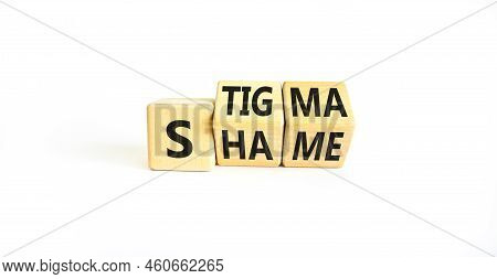 Stigma Or Shame Symbol. Concept Words Stigma Or Shame On Wooden Cubes. Beautiful White Table White B