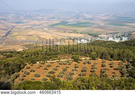 View Of The Jezreel Valley In Fog In Winter Cloudy Day From Muhraqa On Mount Carmel In Lower Galilee